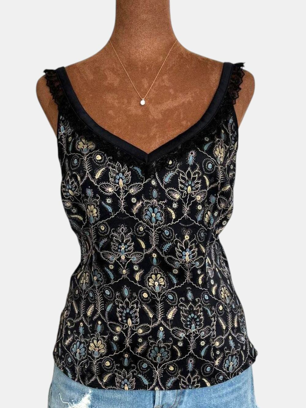 Y2K Vintage Etcetera Silk Blend Paisley Lace Trim Top 2000s Boho Summer Size 4